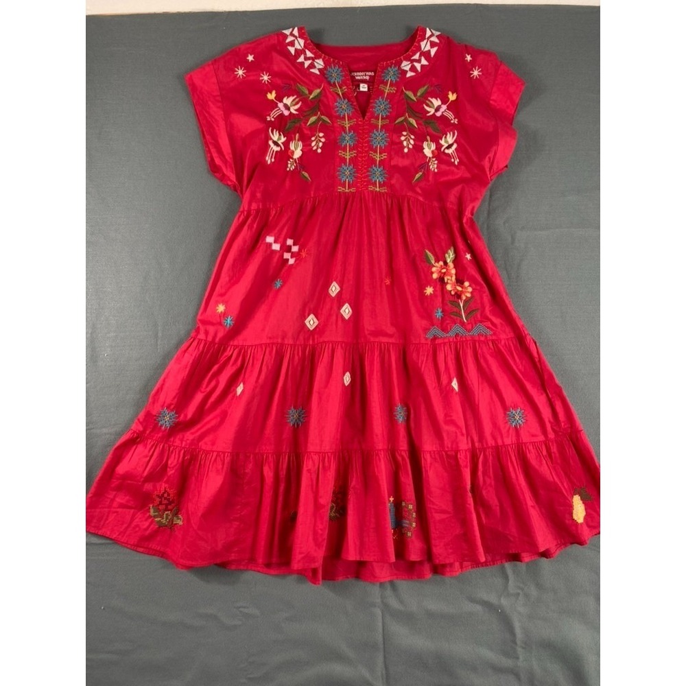 Johnny Was Knee Length Dress Sz M Embroidered Bird Garden Party Cottage Tiered